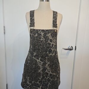 Cider Gray Denim Leopard Print Overall Dress